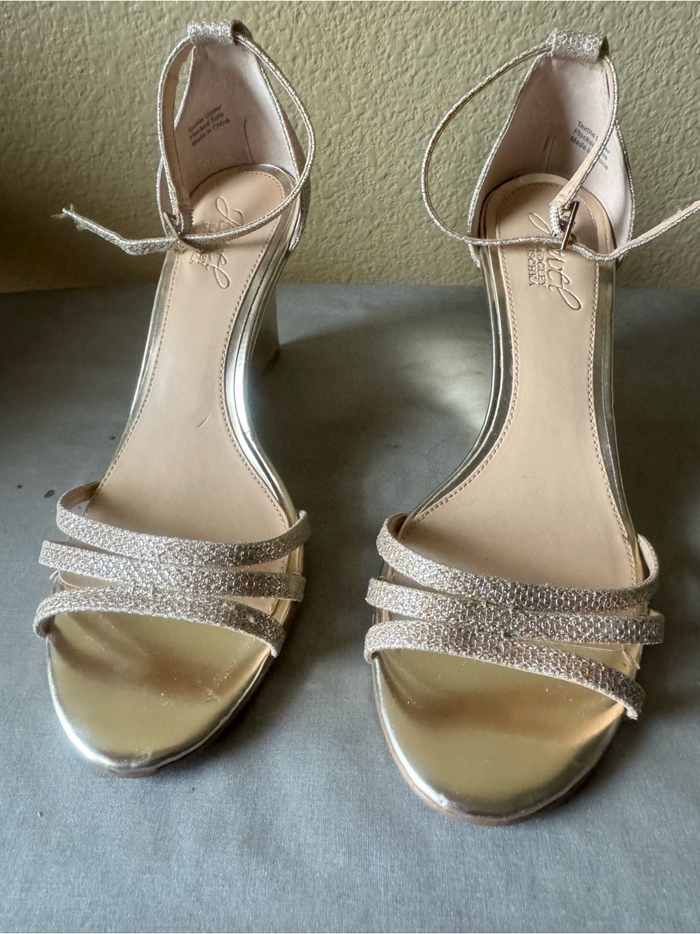 Jewel Badgley Mischka Gold Glitter Ankle-Tie Wedge Sandals